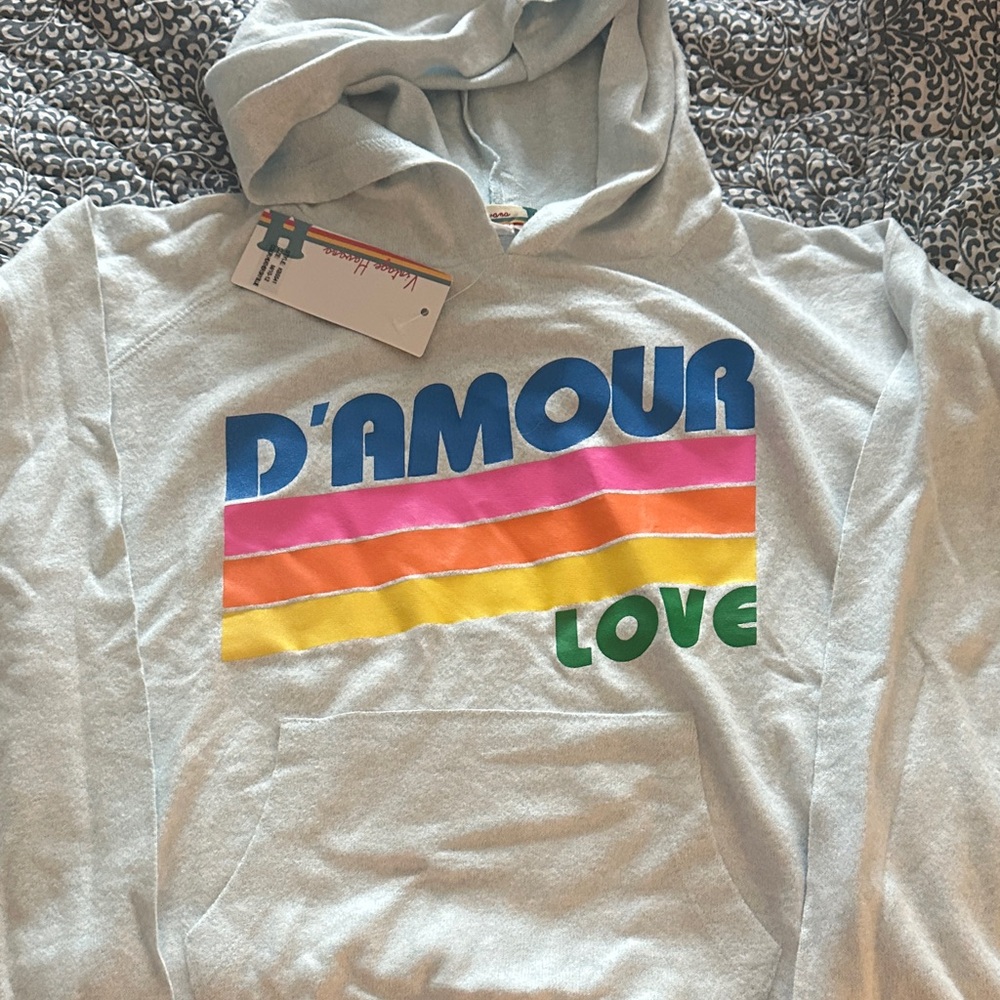 D'AMOUR LOVE Graphic Soft Sweater Hoodie with Rainbow Stripes